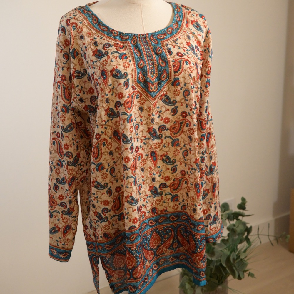 Womens india Paisley Floral Beaded Tunic Top Blue Red Cream Boho Long Sleeve